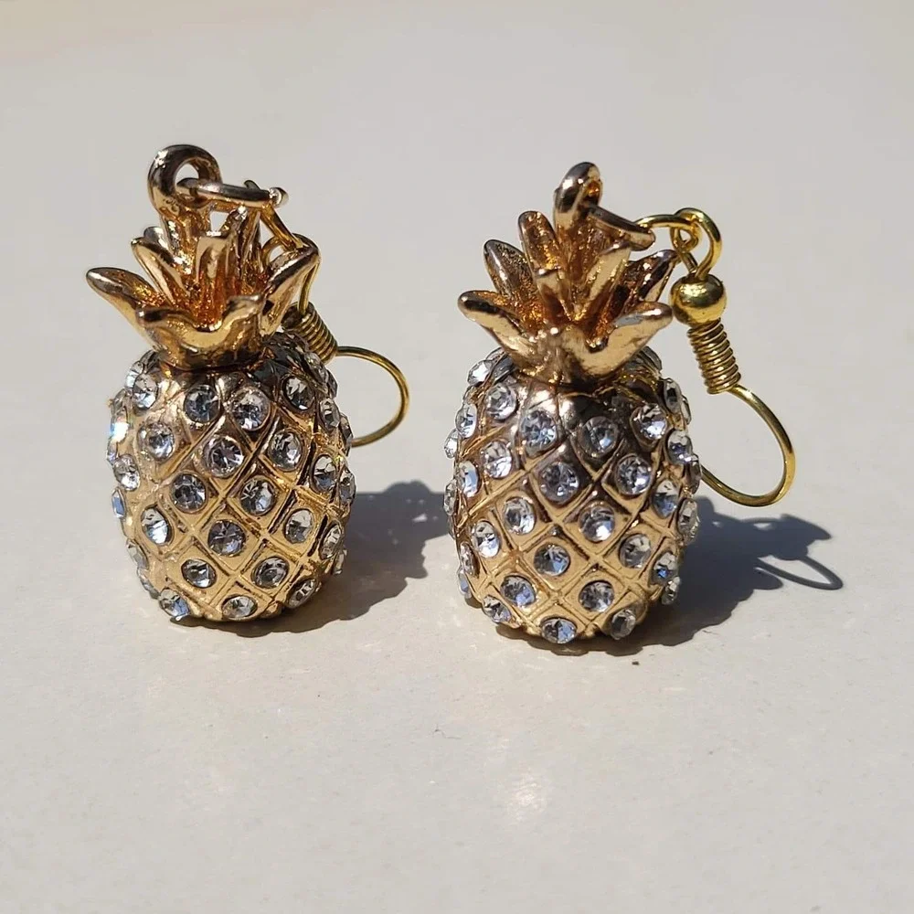 Gold Tone Rhinestone Pineapple Drop Earrings Gold Tropical Kitsch Dangle